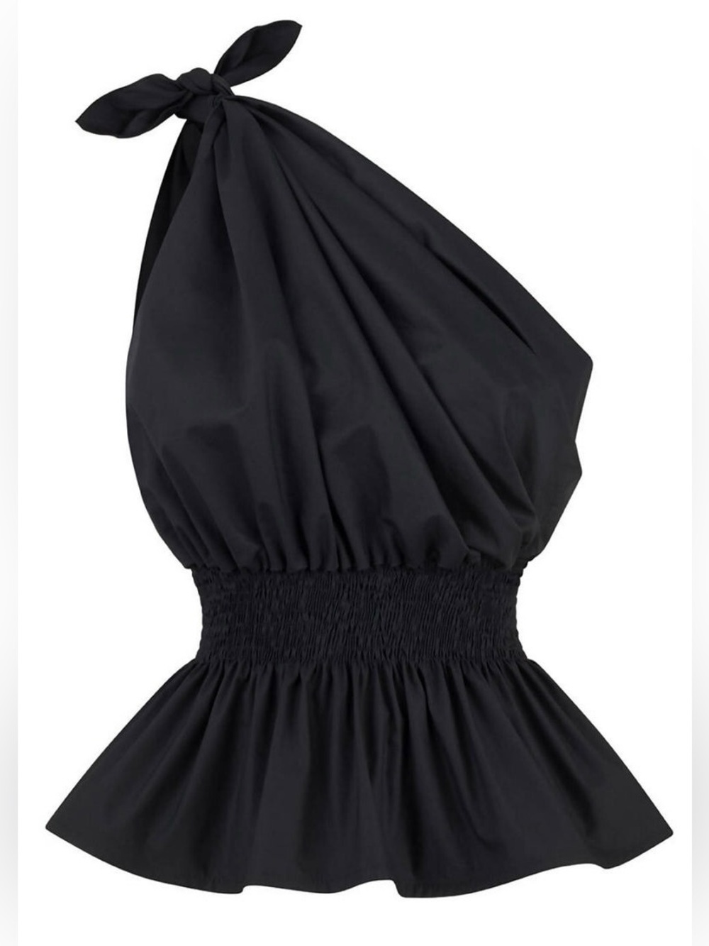 MONICA NERA One-Shoulder Black Smocked Waist Peplum Top